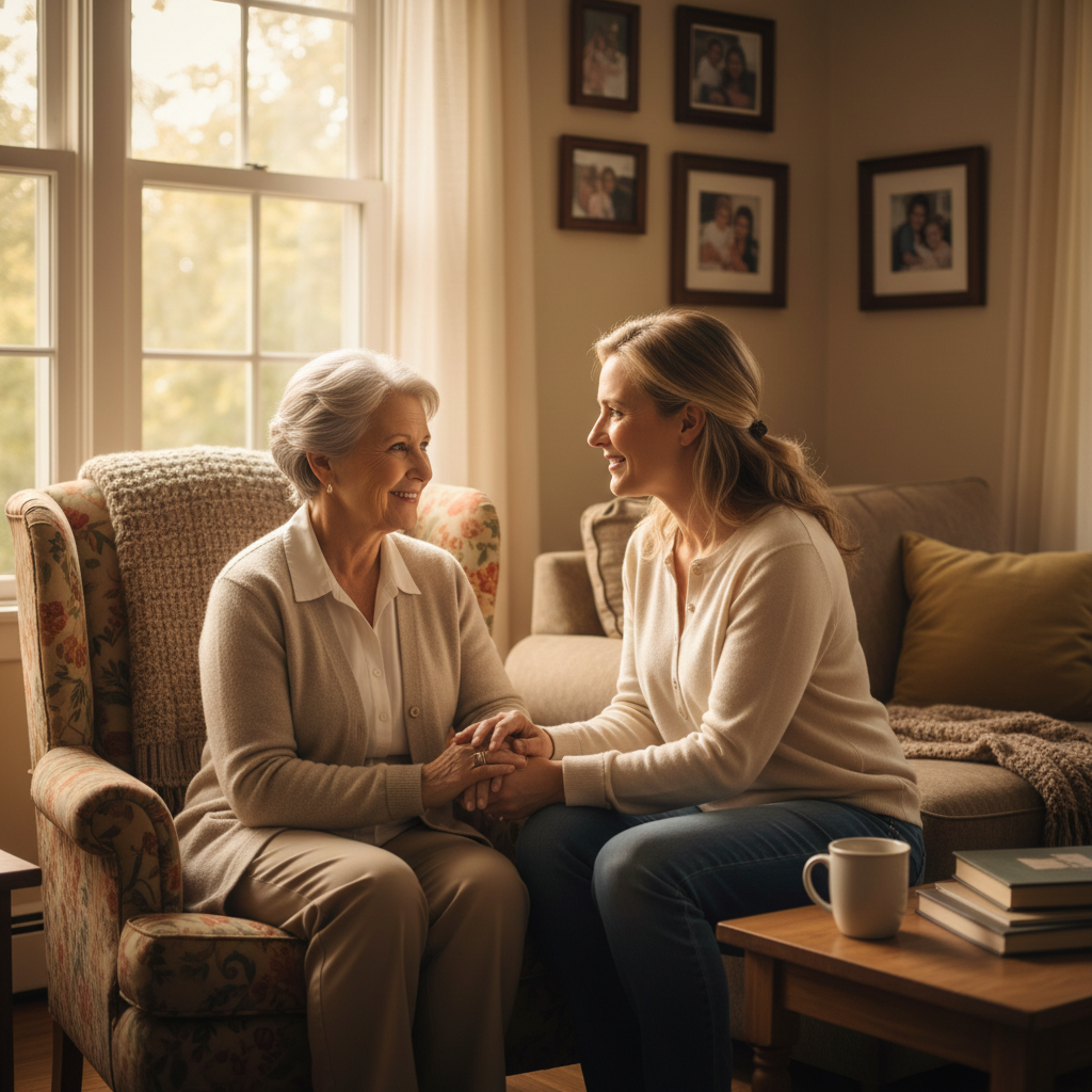 An older adult receiving thoughtful support in a calm home setting
